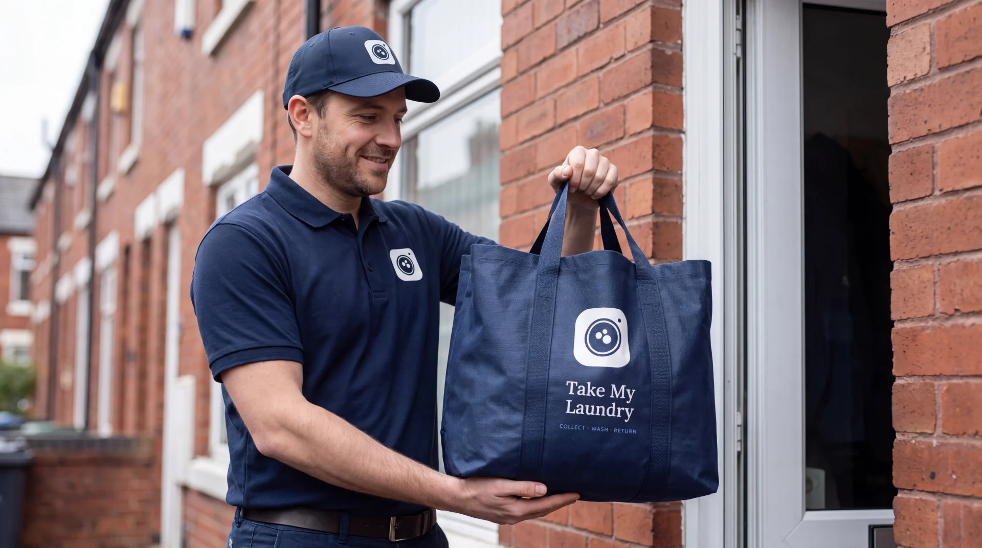 A friendly Take My Laundry delivery driver in branded uniform and cap handing over the branded reusable collection bag at a Manchester doorstep, in soft natural daylight.